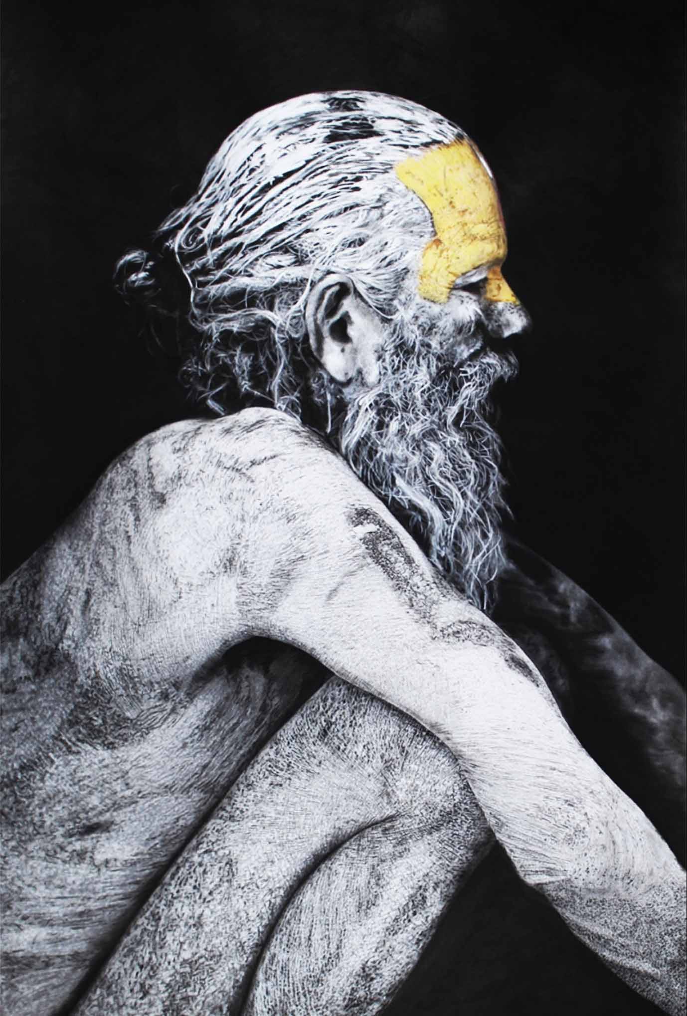 "Sâdhu" -Dessin à la pierre noire, fusain et aquarelle avec rehauts de blanc sur papier Canson - 1.20 X 0.80 - D’après une photographie de Mario GERTH - Prix sur demande -